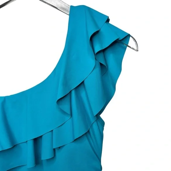 NEW Tahari Teal Blue One Shoulder Ruffle Women’s One piece Swinsuit Sz 6 - Picture 3 of 11
